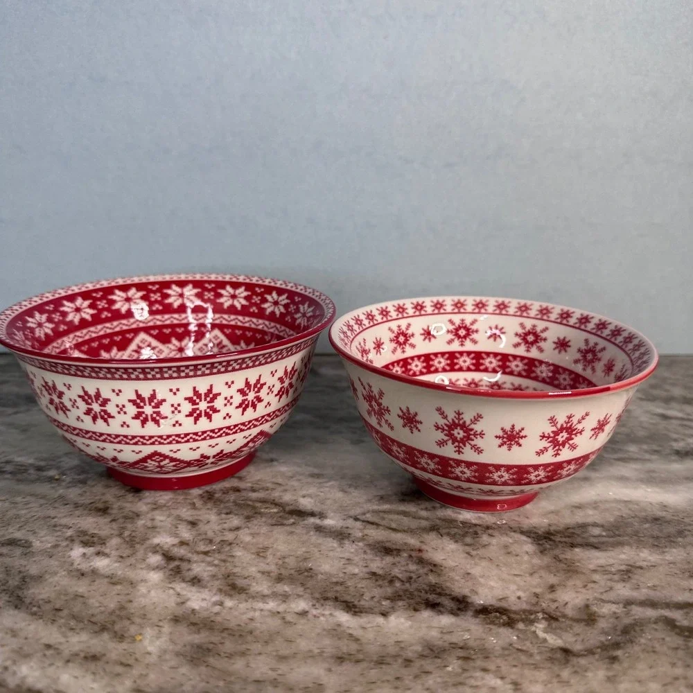 Cordon‎ Bleu BIA Red White Snowflake Holiday Porcelain Nesting Bowls Set of 2